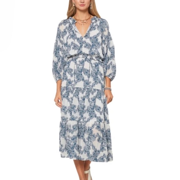Anthropologie Current Air Isla Blue White Tie Neck Tiered Ruffle Midi Dress - XS - Picture 1 of 16
